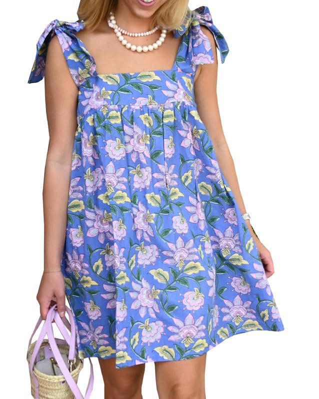 Image of Women Floral Tie Shoulder Mini Dress Cute Square Neck Loose Fit Beach Short Dress Backless Boho Vocation Sundress
