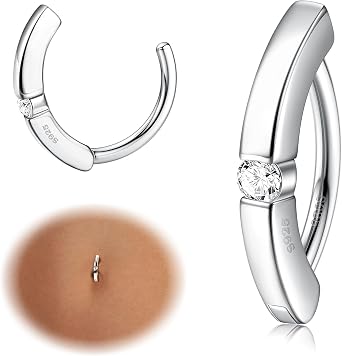 KRFY 925 Belly Bars Sterling Silver 14G Belly Button Bars CZ Paved Reverse Hoop Belly Ring Hypoallergenic Silver Clicker Belly Button Piercing Jewelry for Women Girls