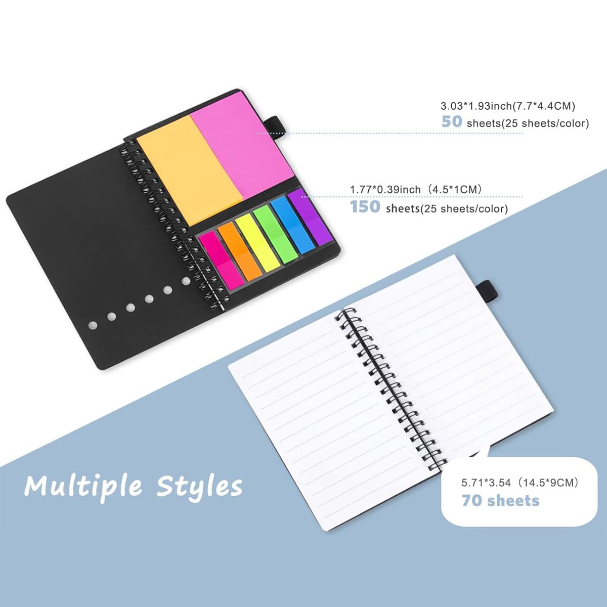 AGPTEK Carnet à Spirale avec Notes Colorées, Bloc Note Couverture Kraft, Cahier Spirale avec Porte-Stylo, Notes Autocollantes pour Étude et Bureau Noir