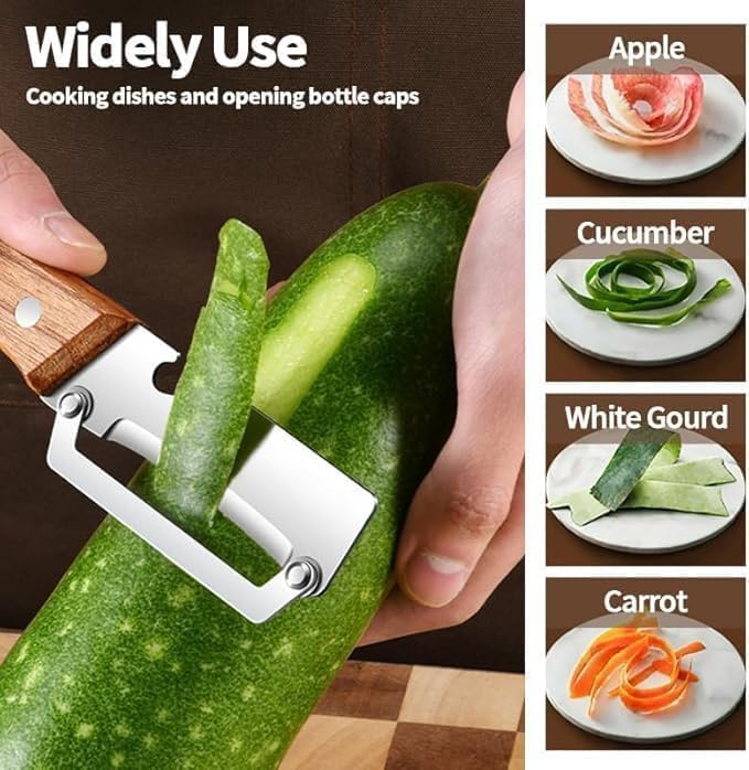 Image of Multi-Functional Stainless Steel Vegetable Peeler with Wooden Handle, Built-in Bottle Opener & Julienne Cutter, Sharp Fruit & Vegetable Peeler for Potato, Carrot, Cucumber, Apple & More
