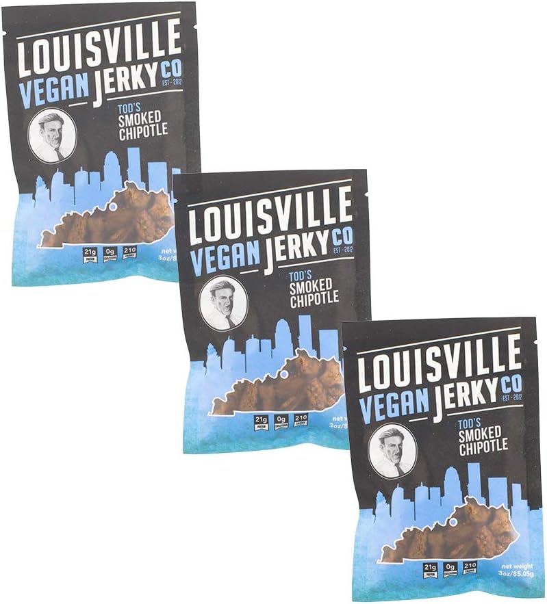 Louisville Vegan Jerky - Smoked Chipotle, Vegetarian & Vegan Friendly Jerky, 21 Grams of Non-GMO Soy Protein, Gluten-Free Ingredients (3 oz) | 3-Pack