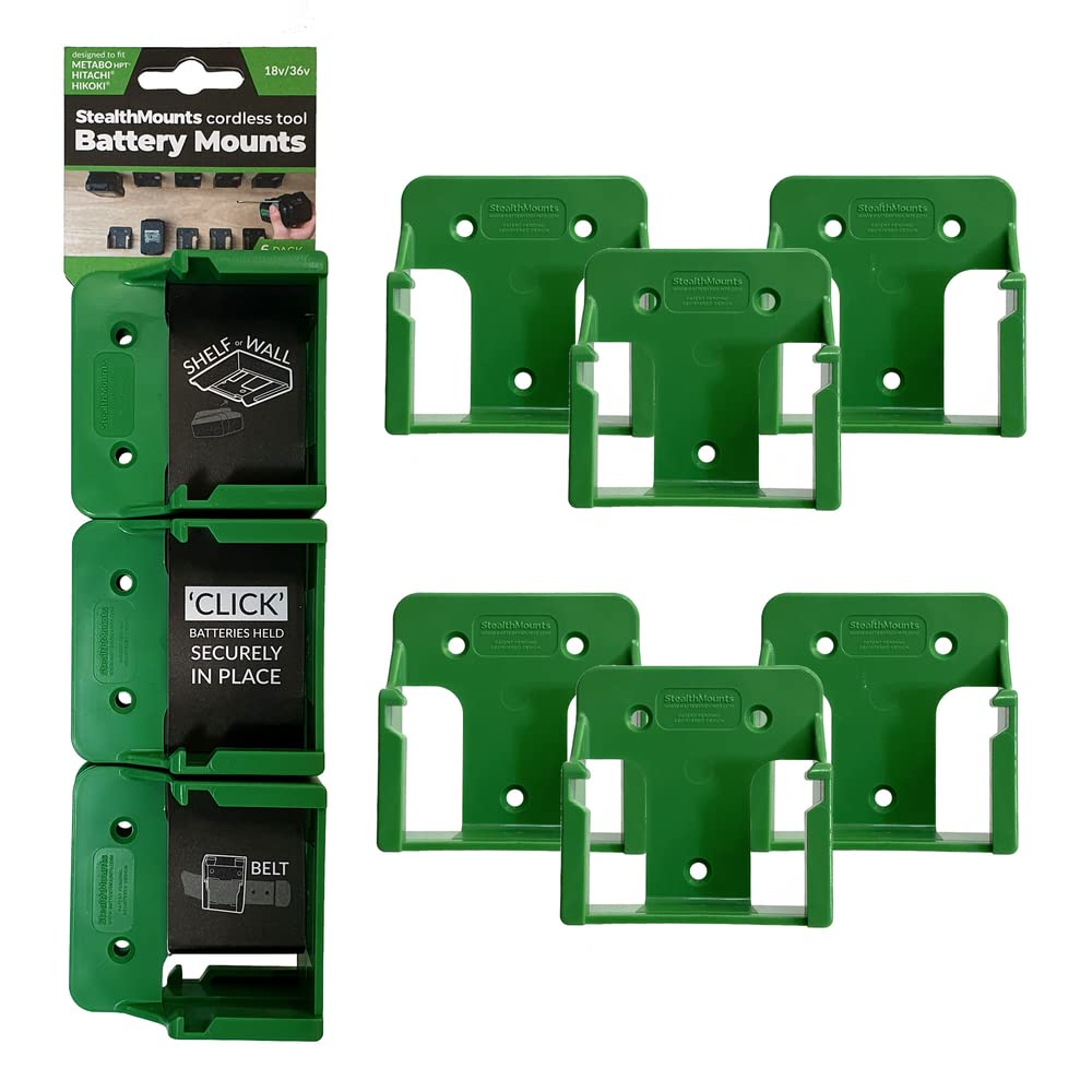 Green Battery Mounts for Metabo HPT 18v/36v | Cordless Battery Holders for Power Tools | 6 Pack | Metabo HPT Battery Organisers