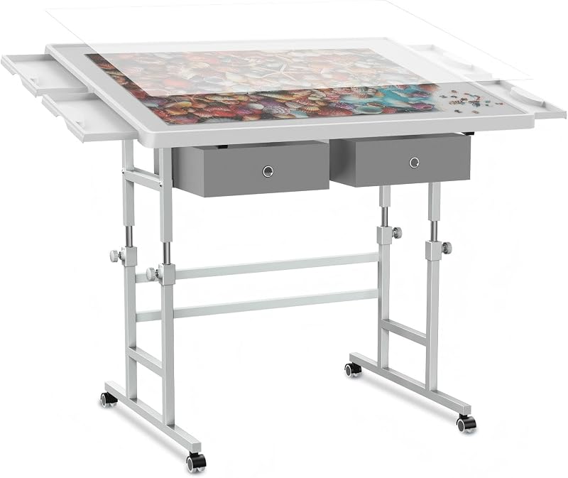 1500 Piece Light-Weight Adjustable Tilting Plastic Jigsaw Puzzle Table for Adults, 25.59"x34.25"Puzzle Board with 4 Drawers&Protective Cover, 45-Degree Any-Angle Tilt,Laptop Table for Couch