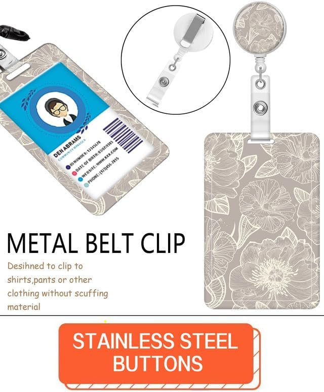 ID Badge Holder with Retractable Lanyard and Keychain, Badge Reel with Rotate Carabiner Clip,Elegant Gray Flower Card Name Tag Lanyard ID Protector Bage Clips for Teachers, Student, Women, Office - Image 2