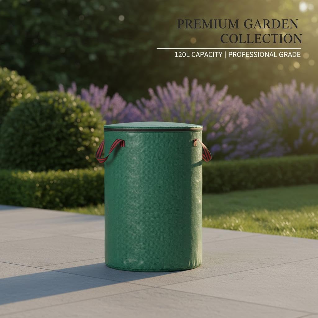 Sacco per rifiuti da giardino, 120 l, con coperchio, set da 2 pezzi, impermeabile, in tessuto PP, pieghevole e riutilizzabile, con manici e passanti per terreno, ideale per erba, foglie, taglio verde