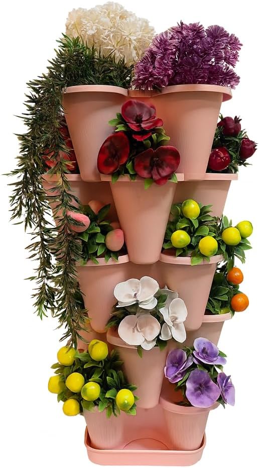 Arsimo 5 Tiers Lucky Clover Tower Flower Pot Set Flower Plant Vegetable Fruit Living Room Kitchen Bathroom Garden Flower Pot Set Powdered Pink