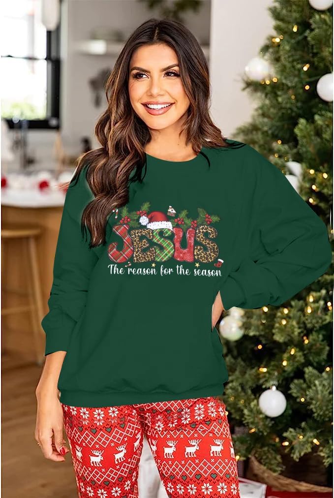 MOUSYA Jesus The Reason for The Season Shirt Women Christmas Sweatshirts Jesus Christmas Sweatshirt Holiday Graphic Shirts