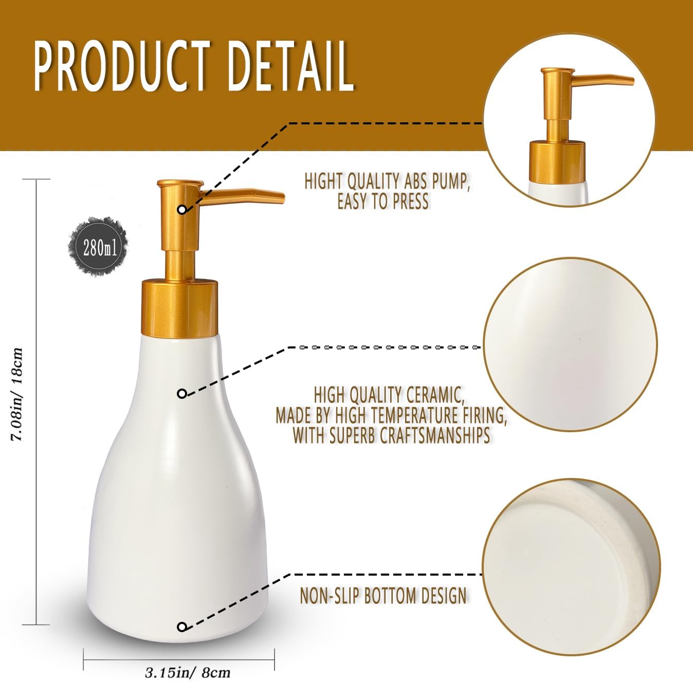 280ml Liquid Soap Dispenser for Bathroom with Gold Pump,Dish Dispenser for Kitchen,Refillable Countertop Lotion Dispenser, Ceramics White Hand Soap Dispenser(Cone White Bottle) - Image 5