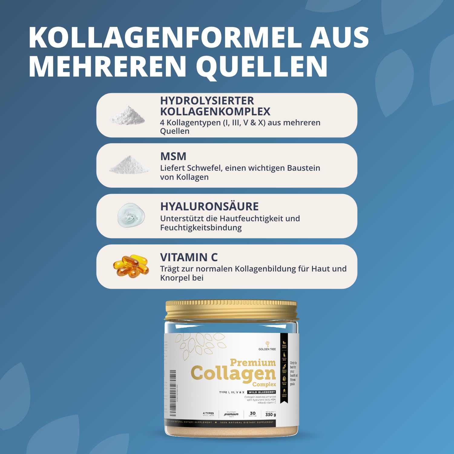 Golden Tree Premium Collagen Complex – Kollagen Pulver, 330 g | MSM, Hyaluronsäure, Vitamin C, Silizium, Kollagen Peptide Typen I, III, V und X, 30 Portionen