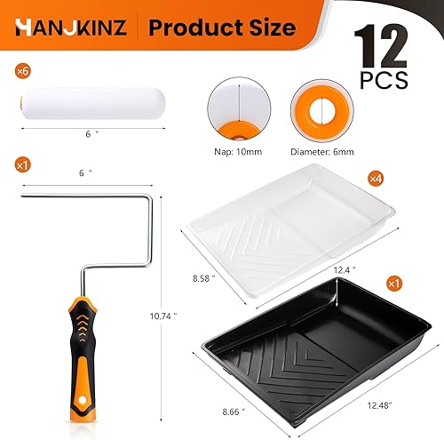 Miniatura 6 de Kit de 12 rodillos de pintura de 6 pulgadas con rodillo de pintura de espuma de alta densidad, bandeja de pintura con forro, mini rodillo para