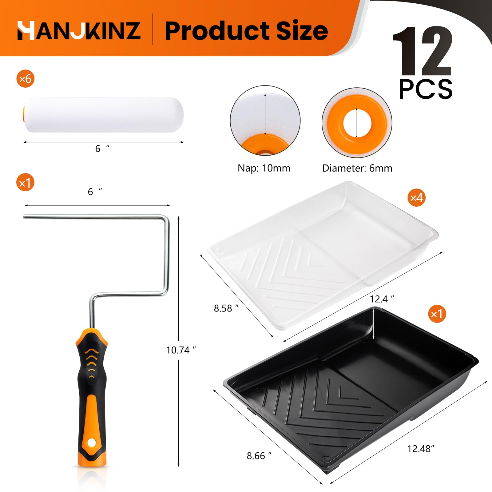 Kit de rodillo de pintura, 12 piezas de 6 pulgadas pequeño kit de rodillos de pintura con rodillo de pintura de espuma de alta densidad, bandeja de pintura, forro de bandeja de pintura, marco