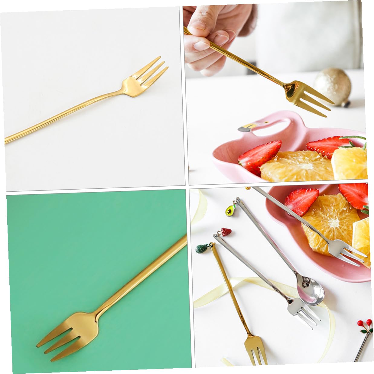 Tenedores de Postre Decorativos Colgante de Fruta, 4 Piezas | Acero Inoxidable Dorado, Pulido Espejo, Agarre Cómodo y Estilo Creativo para Mesa y Café