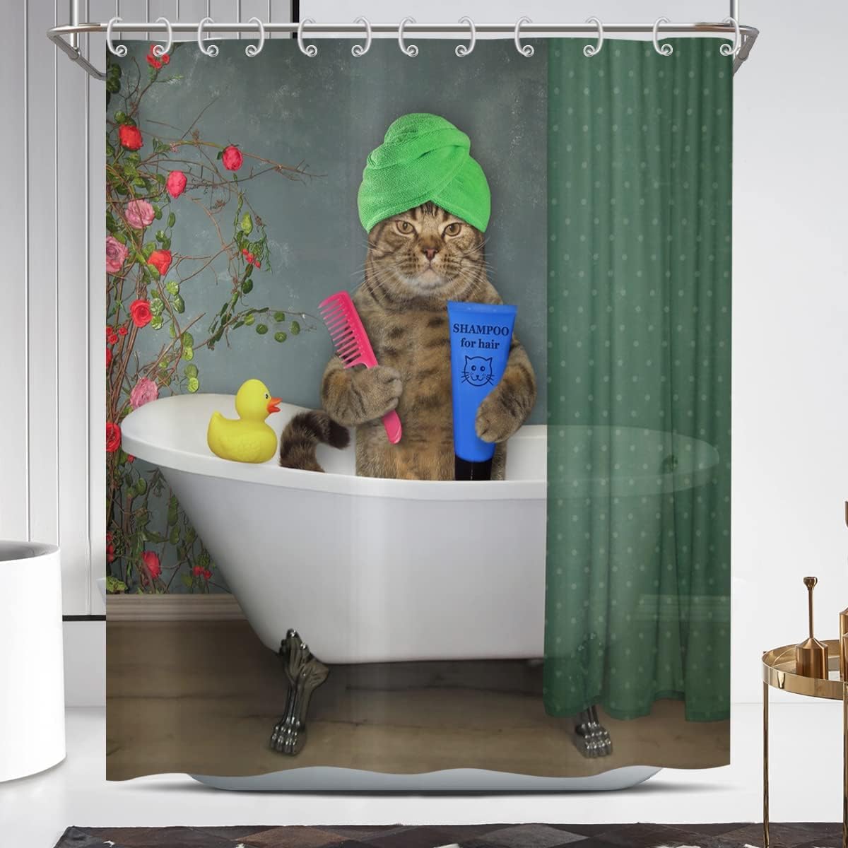 ASDCXZ Shower Curtain Funny Cat 120x200 cm, Funny Showers Cat Rose Red Flowers Child Washable Bath Shower Curtains Waterproof Polyester Textile Shower Curtain for Bathtub with 12 Shower Curtain Hooks — image 1