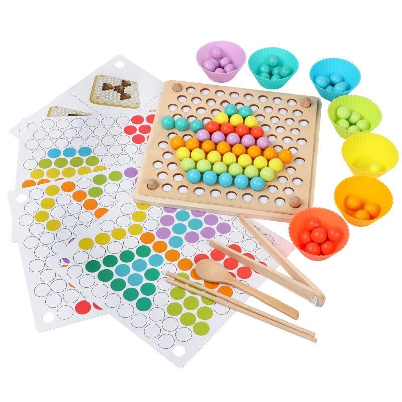 Montessori Toys for Kids 3+ Years,Wooden Montessori Toy, Bead Sorting Game with Clip, Wooden Bead Toy, Wooden Clip Board Game