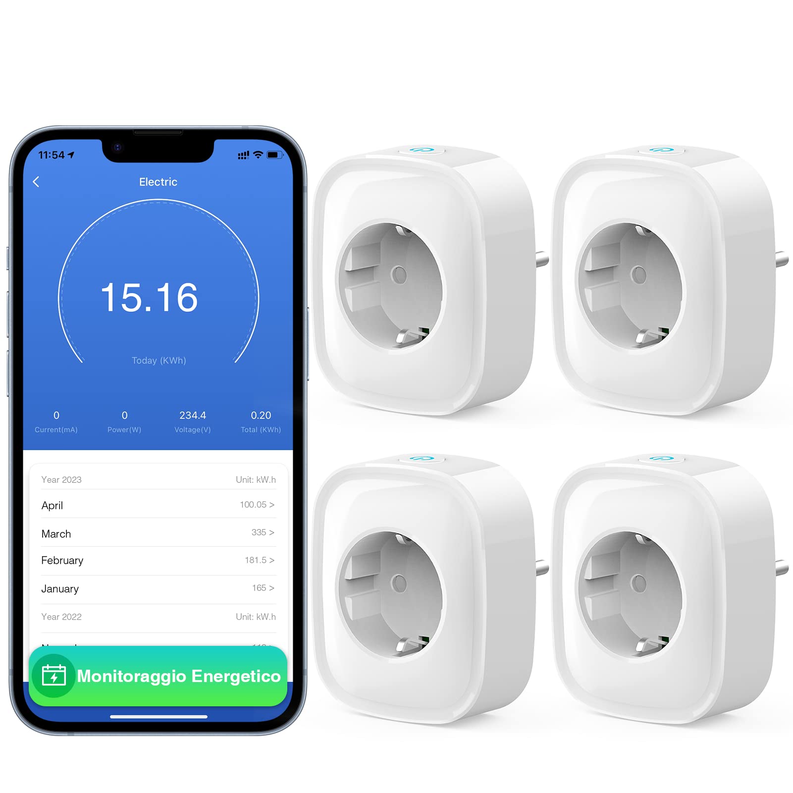 GHome Smart Presa intelligente, Smart Alexa Plug compatibile con Alexa Google Home, controllo remoto tramite app, misura il consumo di energia, timer di controllo vocale, solo in Wi-Fi da 2,4 GHz, 4
