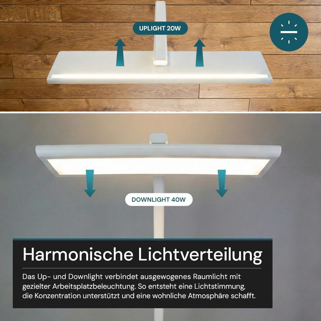 LUXULA LED Büro-Stehleuchte dimmbar, 60 W 3500 lm, 4000K Neutralweiß, Up/Downlight, UGR<16, CRI98, Touchbedienung, blendfreies Licht, Monitor, Büro, Arbeitszimmer, Homeoffice, modernes Design, Weiß