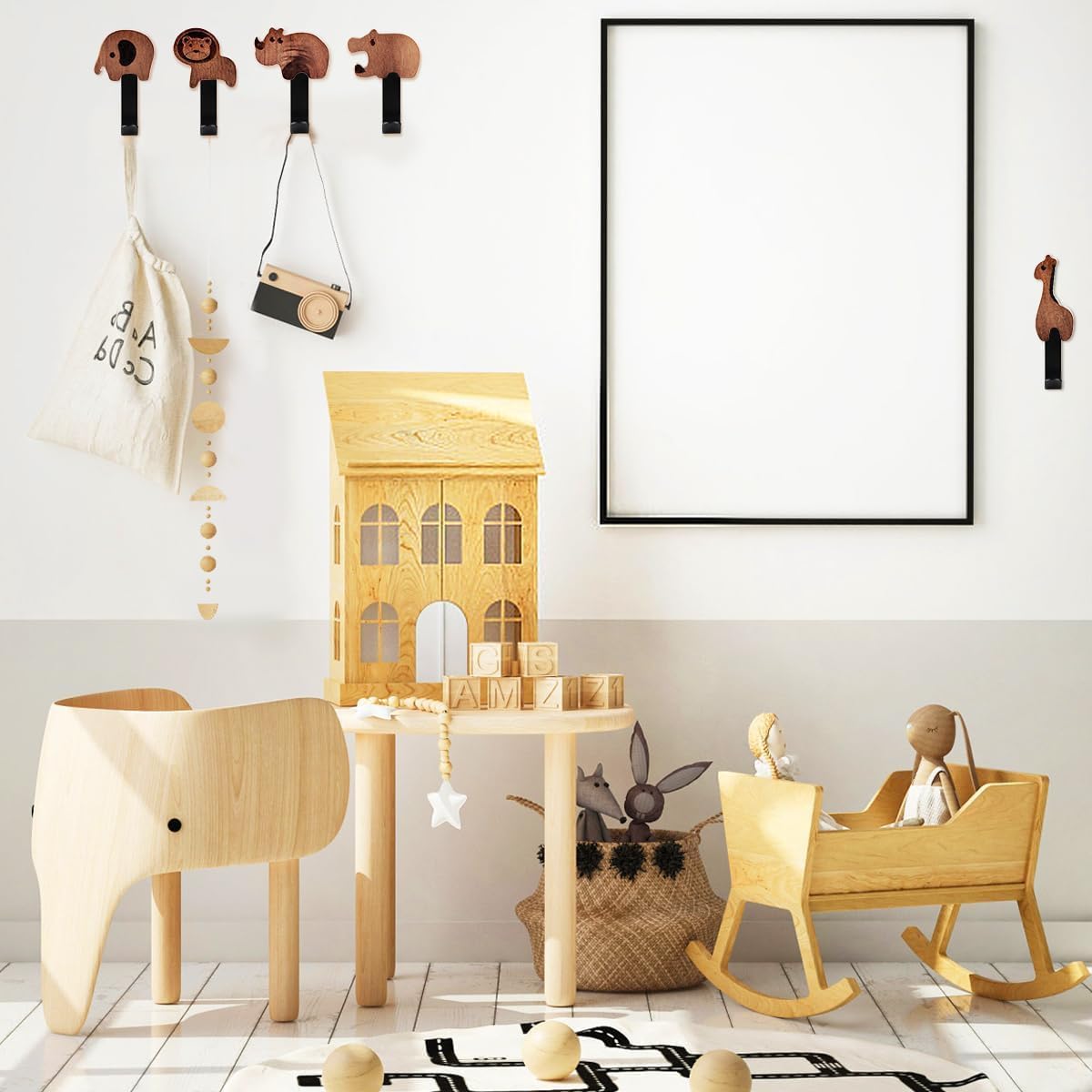 Perchero Infantil de Madera Para Pared - 5 Ganchos de Metal Negros Para Niños, Ideal Para Ropa, Bufanda, Sombrero, Bolsa (5 Animal)
