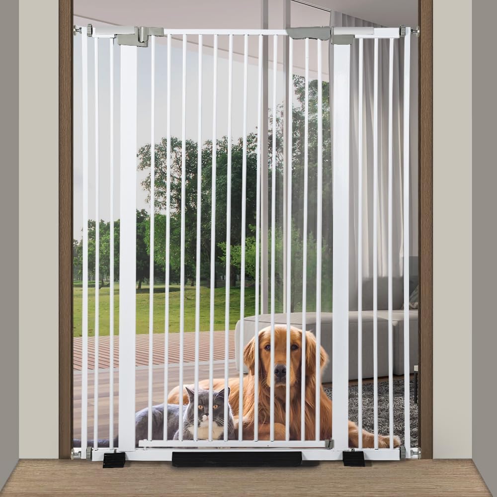 56.69" Extra Tall Cat Gate for Door Way Auto Close, 30"-40" Width Pet Gate with 2.75" and 5.5" Extension Kits, No Drilling Design, Pressure Mount Kit, White