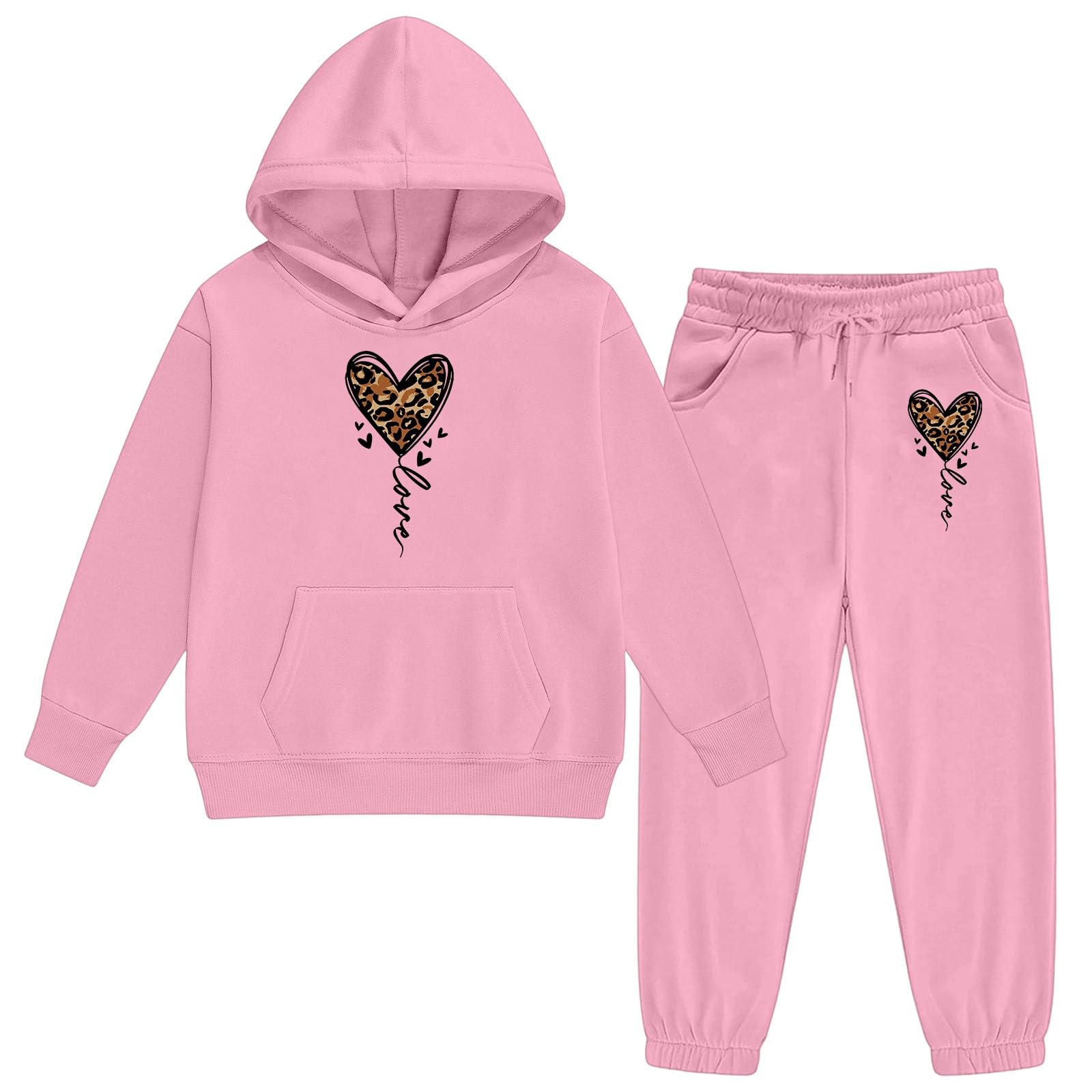 Ensemble Fille, De Survêtement À Capuche Pour Filles, Imprimé Léopard Et Cœur, En Polaire, Style Jogging, Avec Poches, Idéal Pour Une Tenue Décontractée., Ajustement Parfait