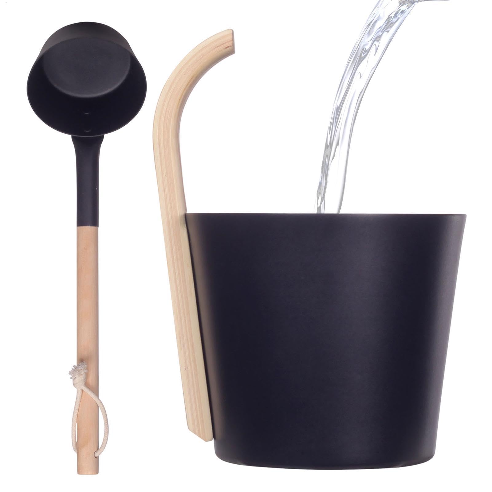 Cubo de sauna de aluminio con cucharón y reloj de - Cubo de sauna de metal - Juego de cubo de infusión 3 piezas. Cubo de sauna - Cubo ligero con mango de bambú - Negro Natural, lujoso cubo de al