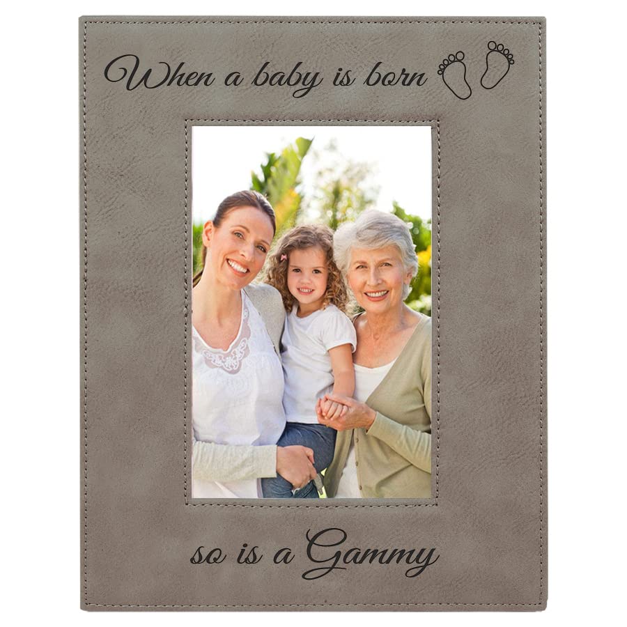 CustomGiftsNow When a Baby is Born so is a Gammy Laser Engarved Faux Leather Grey Leatherette Wall Hanging/Tabletop 4x6 Vertical Picture Group Family New Grandchild Baby Photo Frame