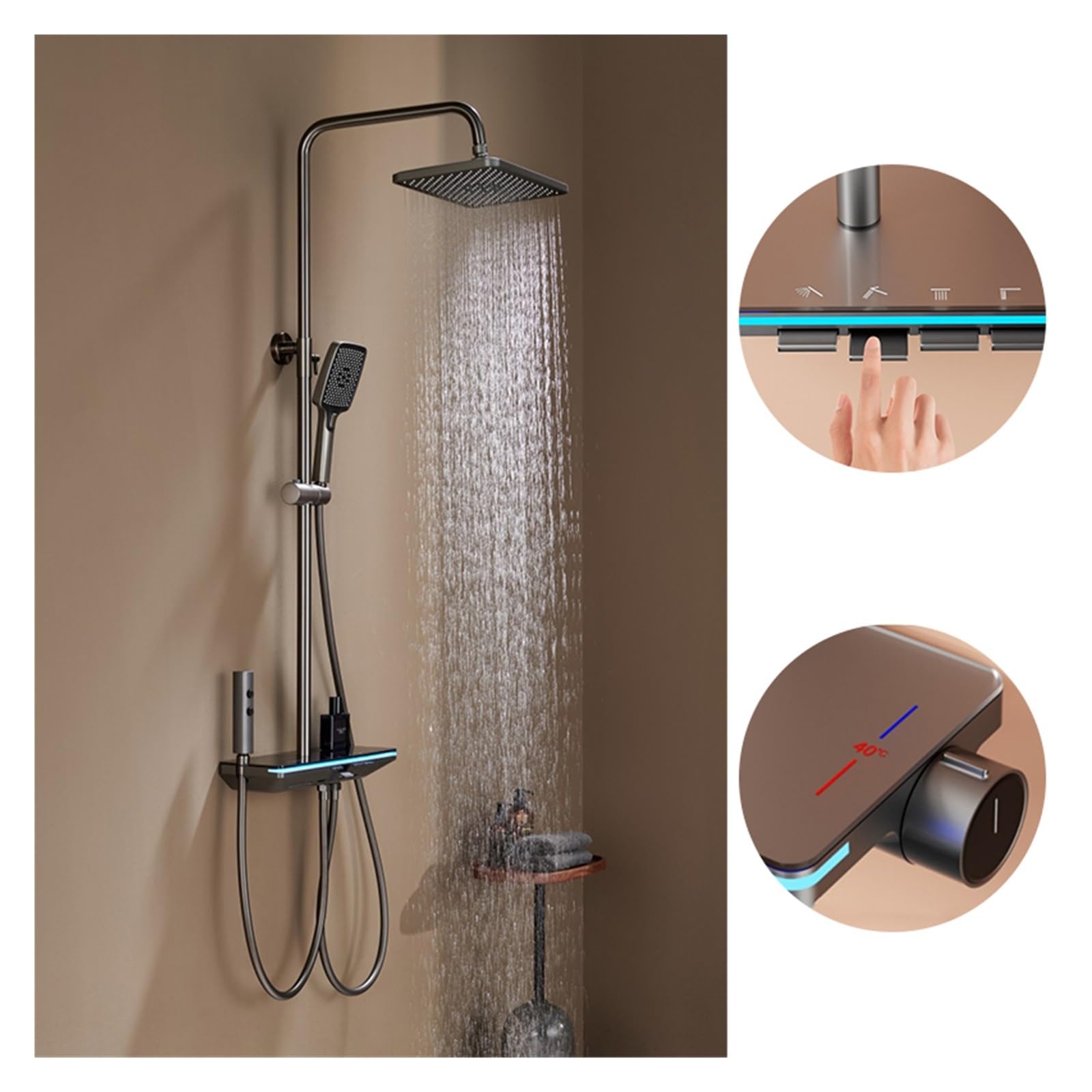 Set di rubinetti for doccia termostatici con display digitale, miscelatore for rubinetti in ottone for vasca da bagno a pioggia, luce d'atmosfera for la generazione di energia del flusso d'acqua(Noir)