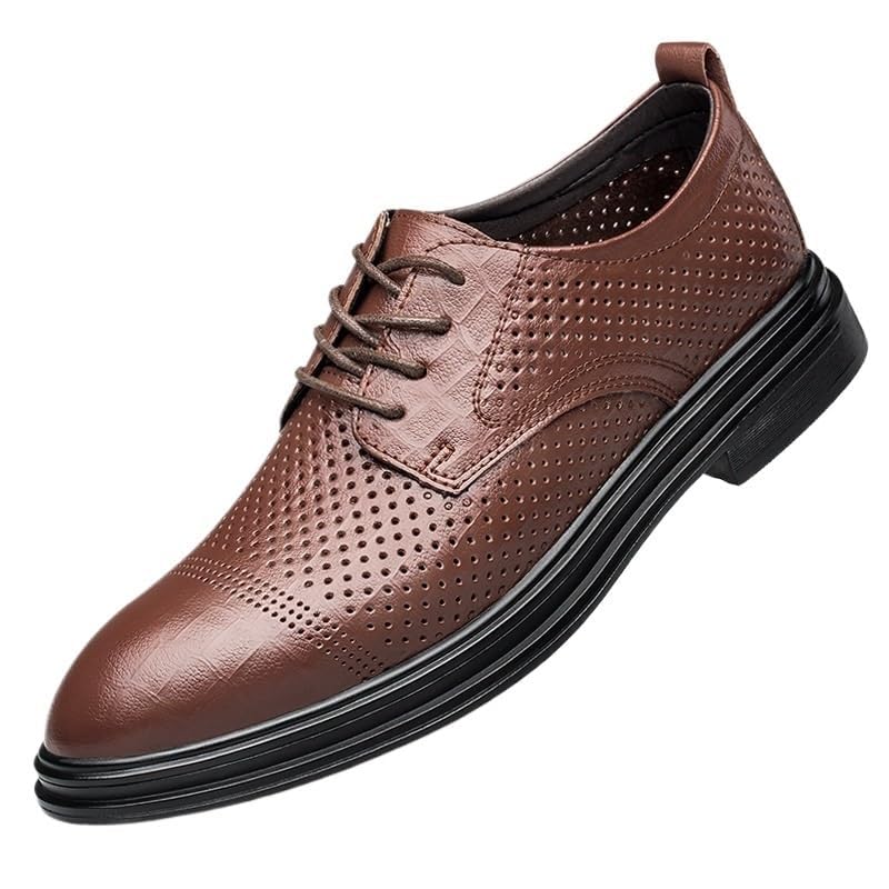 YZABEL Men's Leather Flat Lace Up Dress Oxford Shoes, Summer Pointed Toe Breathable Stylish Business Casual Shoes, Soft-Soled Non-Slip for Formal and Everyday Wear