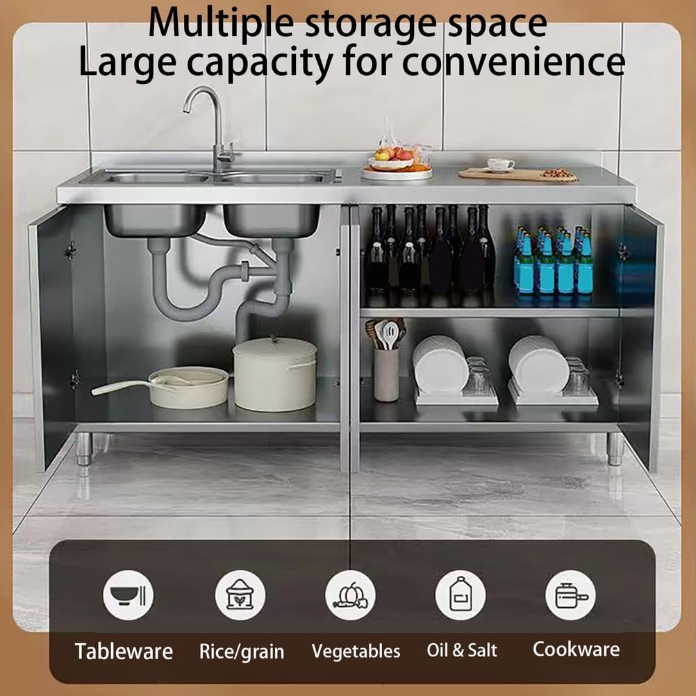 27.5-39.3In Free Standing Laundry Sink,304 Stainless Steel Sink,Utility Sink with Workbench And Storage,with Hot And Cold Water Faucets,for Kitchen,Garage,Indoor Outdoo,Silver,100 * 50 * 84cm