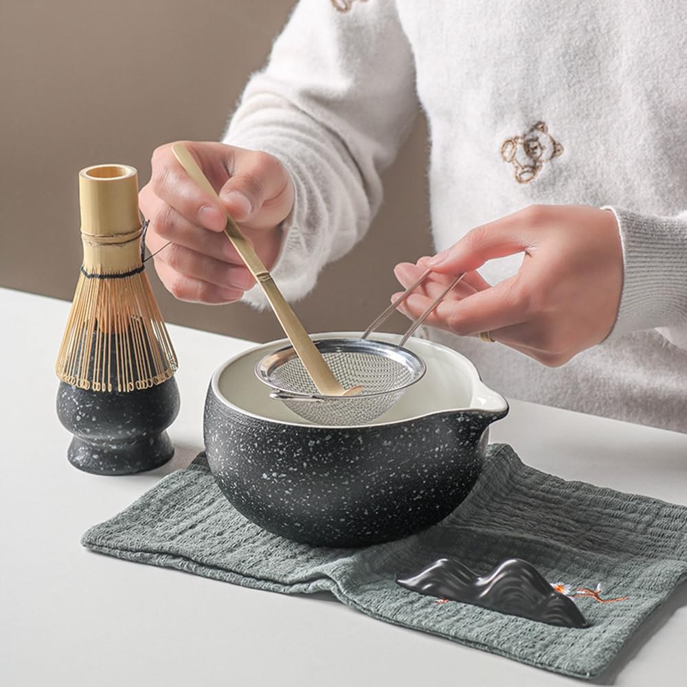 Juego de 8 batidores de matcha con caja de regalo negra, juego de kit de ceremonia de té tradicional japonés, juego de cuencos de cerámica esmaltada de color mate para amantes del té verde, color