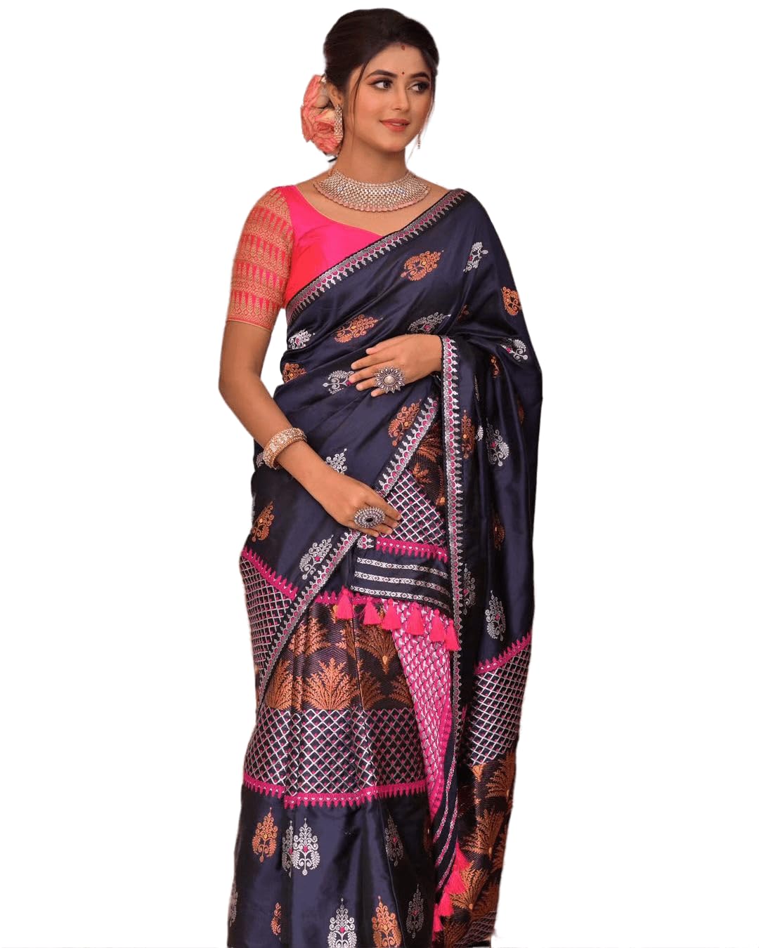 AREEVANZAssam Silk Cotton Silk Woven Design Navy Blue Color Mekhela Chador For Women's And Girls, Saree