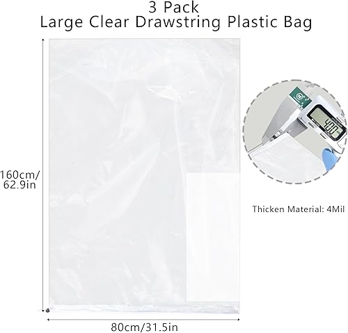 Miniatura 2 de Klmnop Bolsas de plástico transparentes extragrandes con cordón de 62 x 31 pulgadas, paquete de 3 bolsas de almacenamiento de equipaje a prueba de