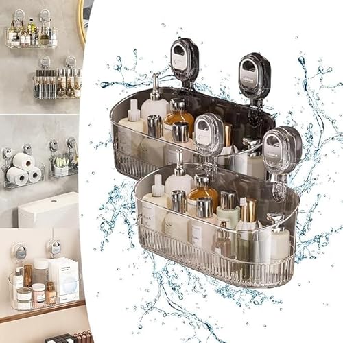 OSICAPEA Scatola portaoggetti con aspirazione for Bagno Senza Foratura: Potente Contenitore for Doccia con Ventosa, Organizer da Parete for Doccia, Grande capacità(Clear+Gray)