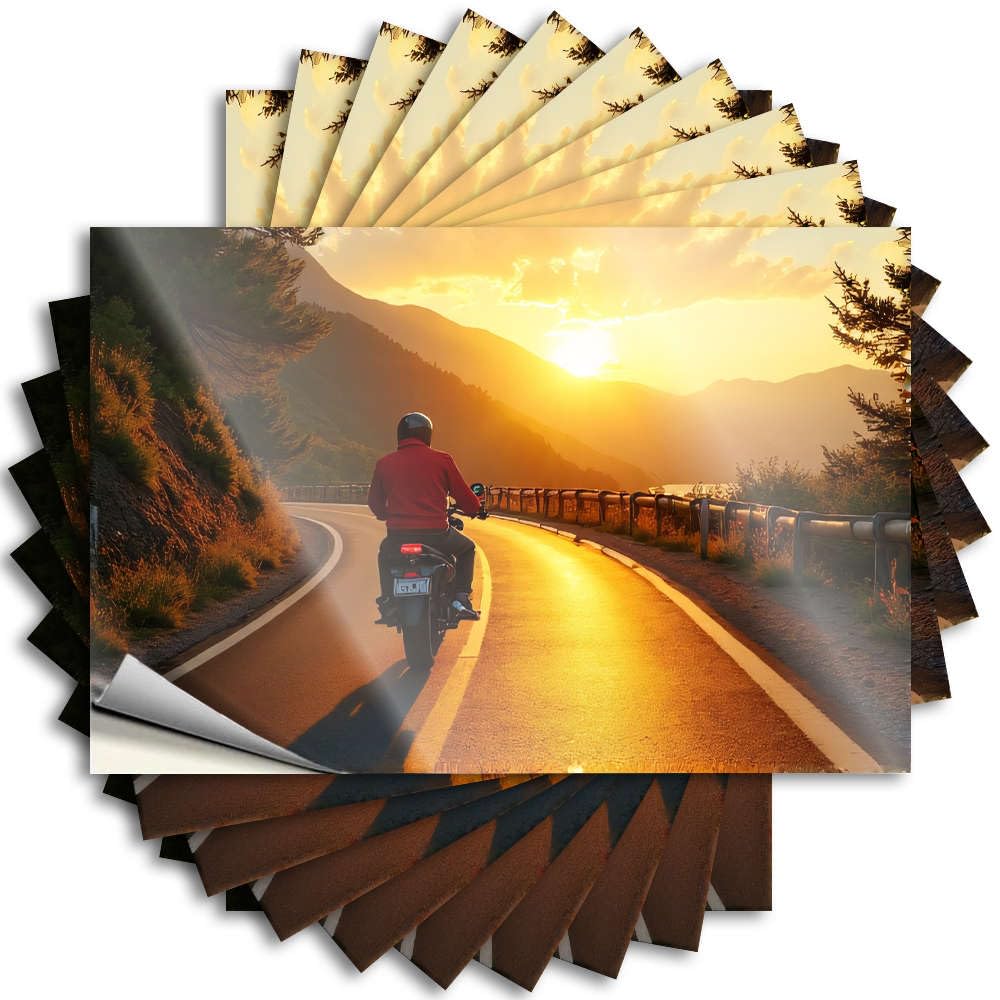 Saying Cool Decor | Spring Water Motorcyclist Riding On A Scenic Mountain Road During Sunset. for Outdoor(12X18CM)