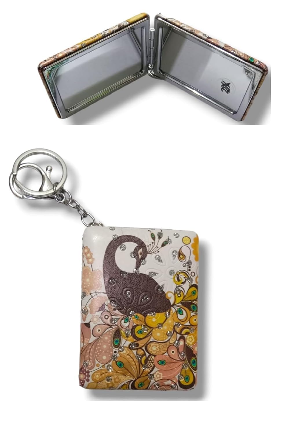 Peacock Theme Foldable Travel Makeup Mirror with Key Ring, Small Rectangular, Brown, 5 x 3 cm-image-40