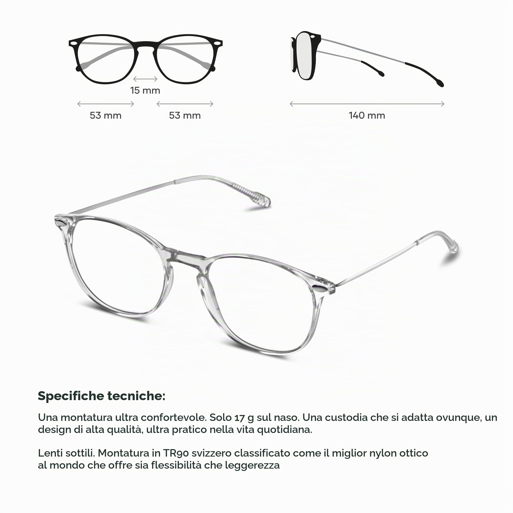 NOOZ Optics - Occhiali da Lettura - Occhiali Presbiopia Uomo e Donna - Montatura In Nylon Ultraleggera - Custodia Ultracompatta - Ovale