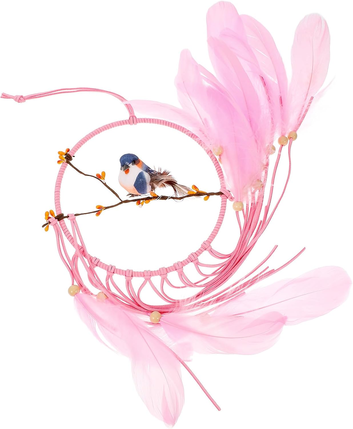 Amosfun Woven Dream Catcher Pendant with Tassel Hanging Ornament, Hand-Woven Macrame Wall Hanging Decor, Pink Lovebird Boho Dreamcatcher for Bedroom and Living Room