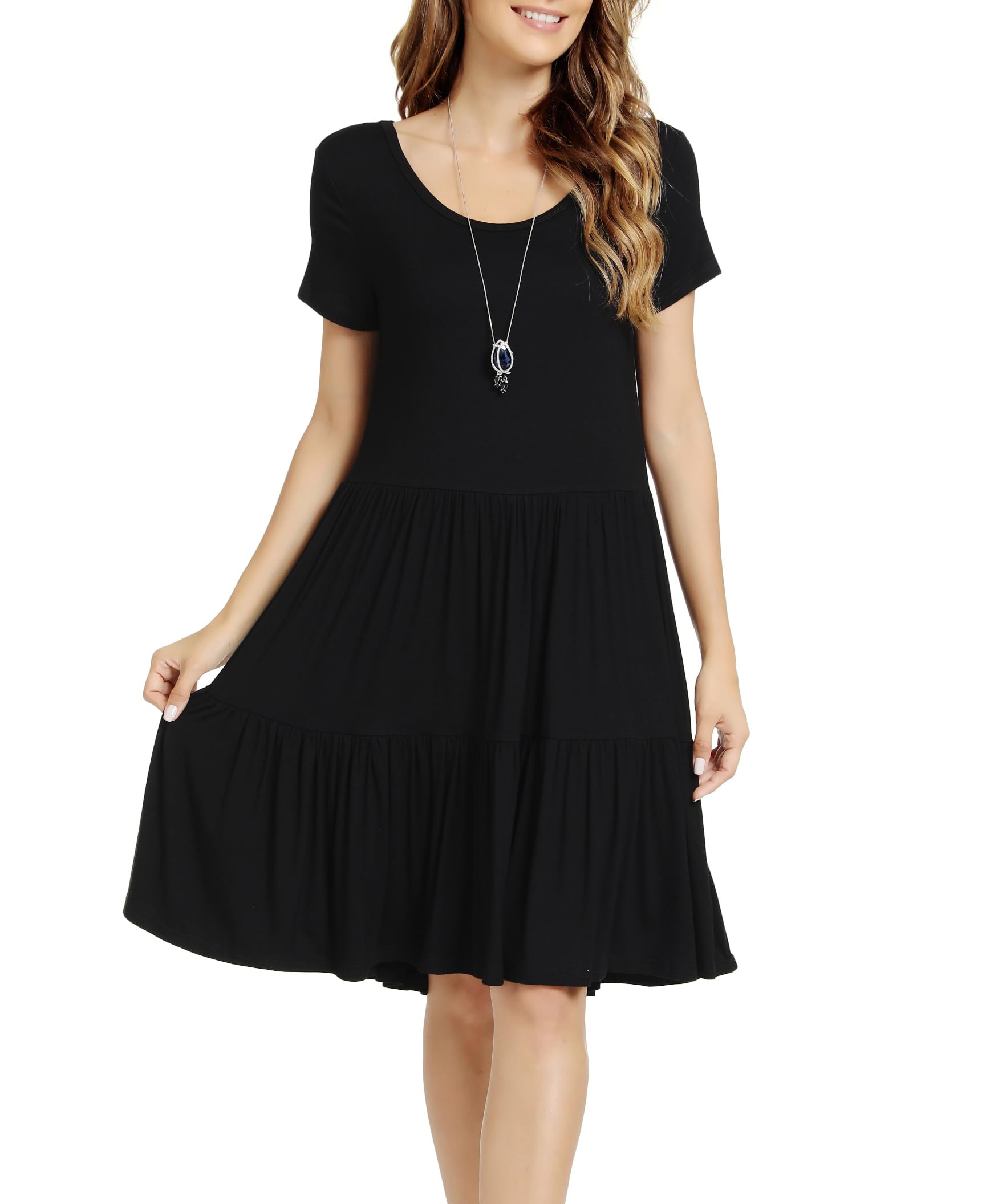 Women Casual Loose Soft Crewneck Short Sleeve Pockets Swing T-Shirt Dress