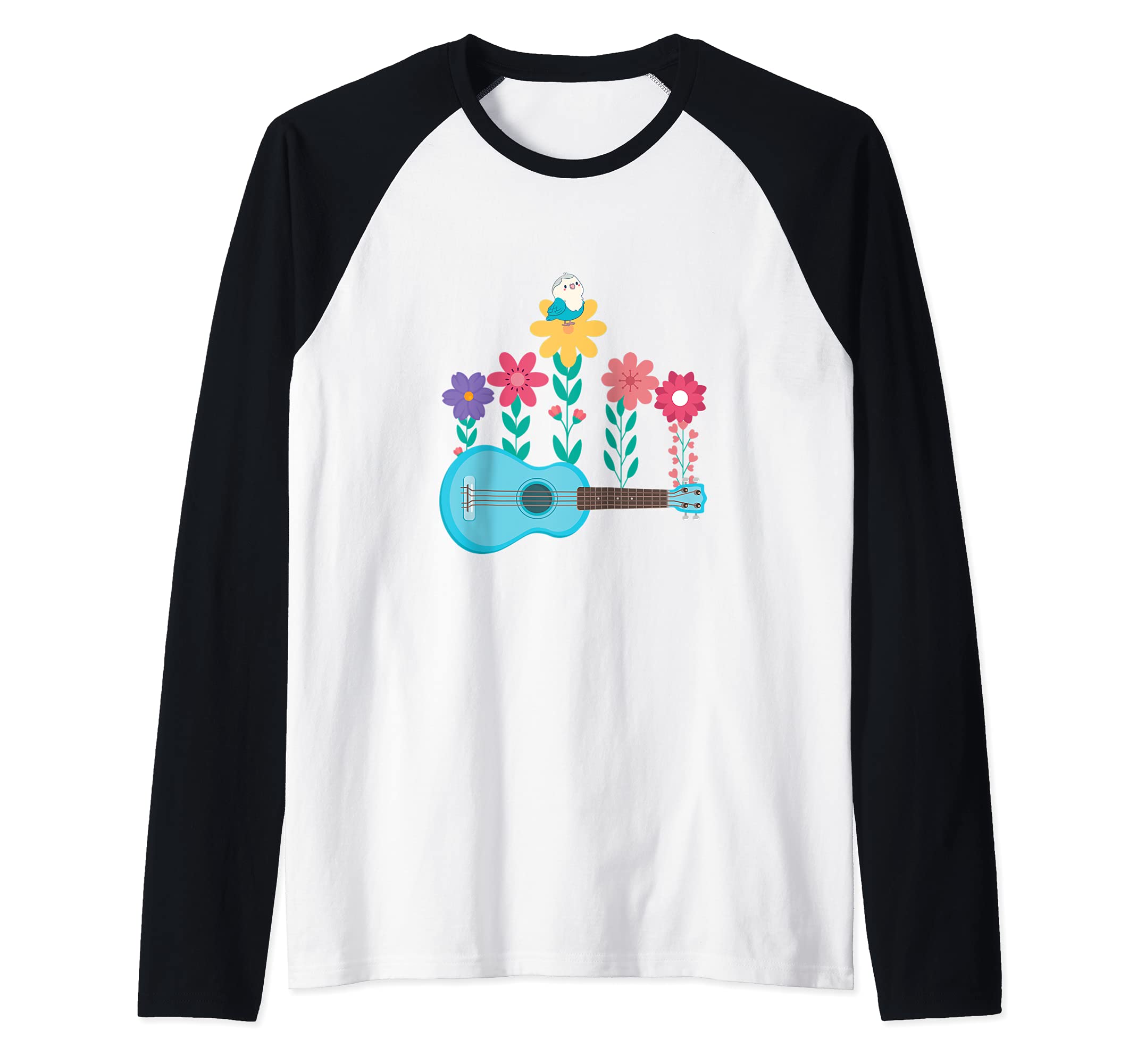Flowers Ukulele Hawaiian Musician Acoustic Hawaii Uke Guitar Raglan Baseball Tee, Black