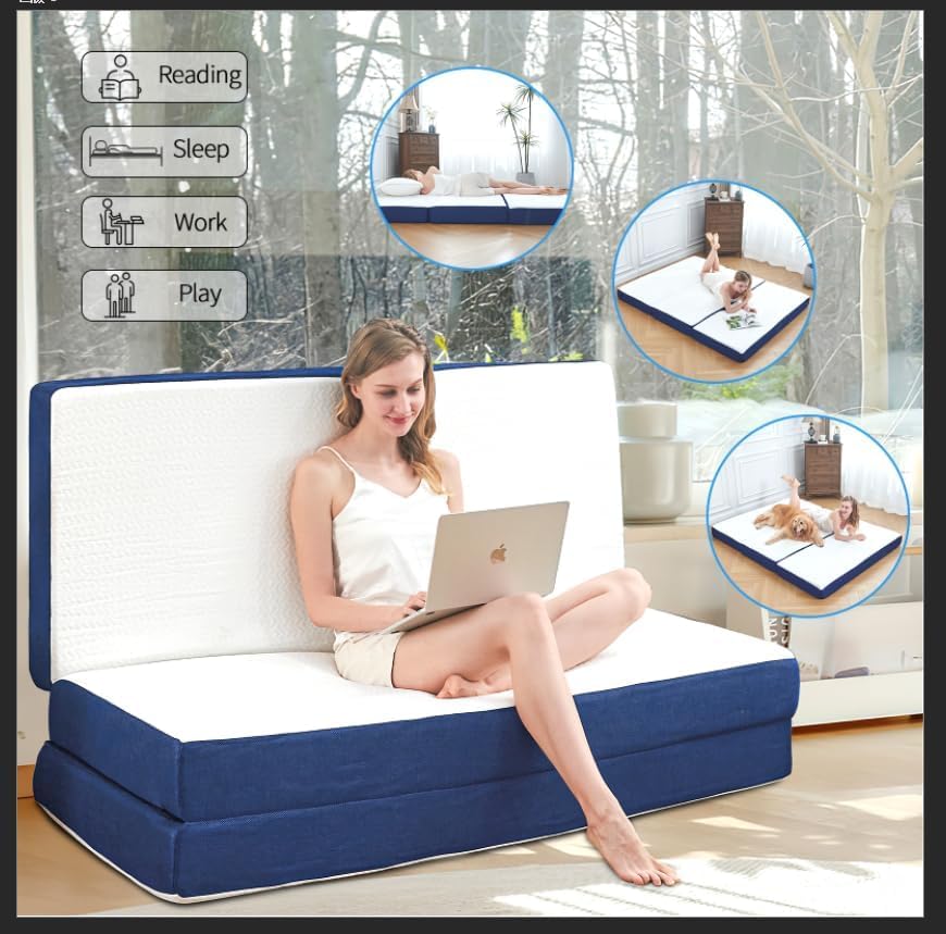 Miniatura 3 de Colchón plegable tamaño Queen, colchón triple portátil de espuma viscoelástica de 4 pulgadas, con funda transpirable y lavable, cama de invitados