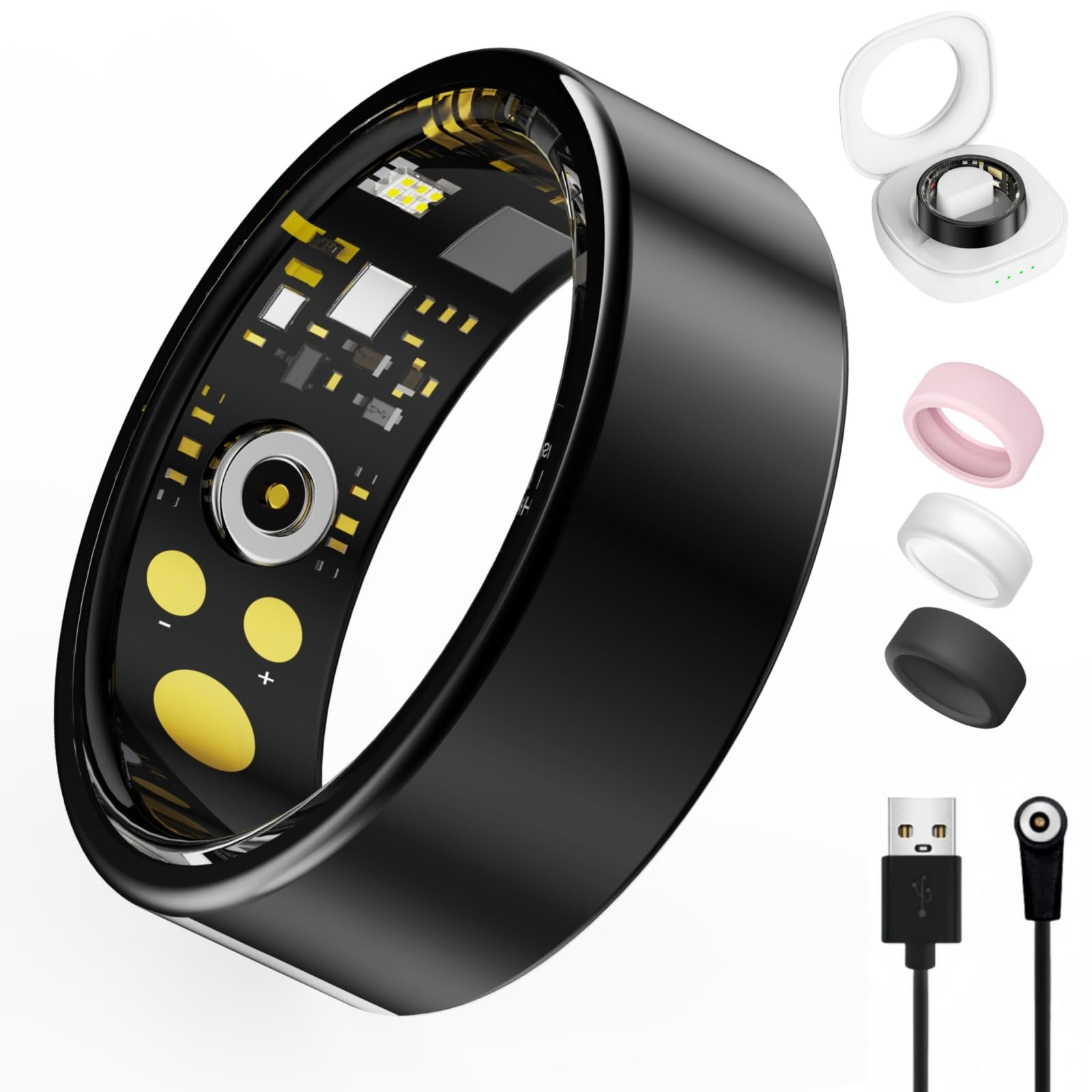 Smart Ring for Women Men, Health Tracker with Heart Rate/Blood Oxygen/Blood Pressure/Sleep Monitoring/Step Counting, IP68 Waterproof Fitness Ring, No App Fees for iPhone &amp; Android (Black, 6#)