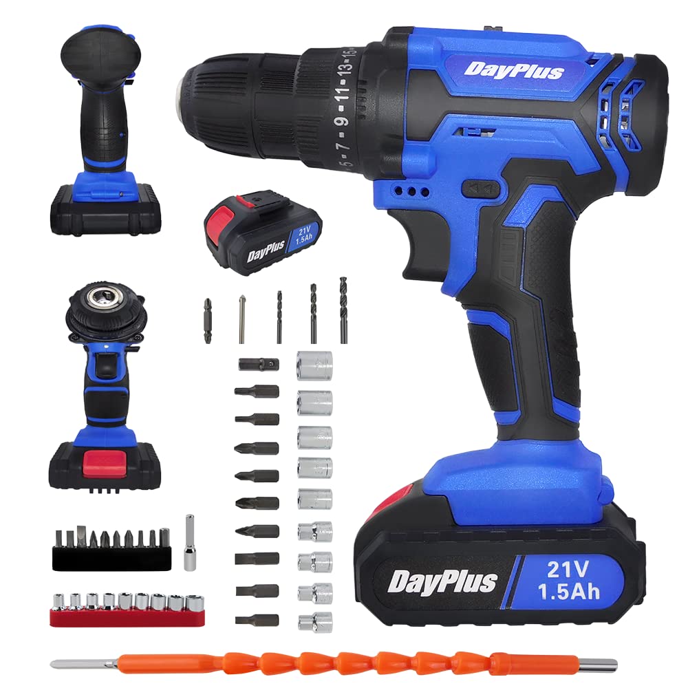 21V Power Drill Electric Set with LED Work Light, 45 N.m Max Combi Drill, 25+1 Torque Screwdriver Drill, 26Pcs Electric Screwdriver Set Cordless Electric Drill w/1500Ah Battery, for DIY Wood Metal
