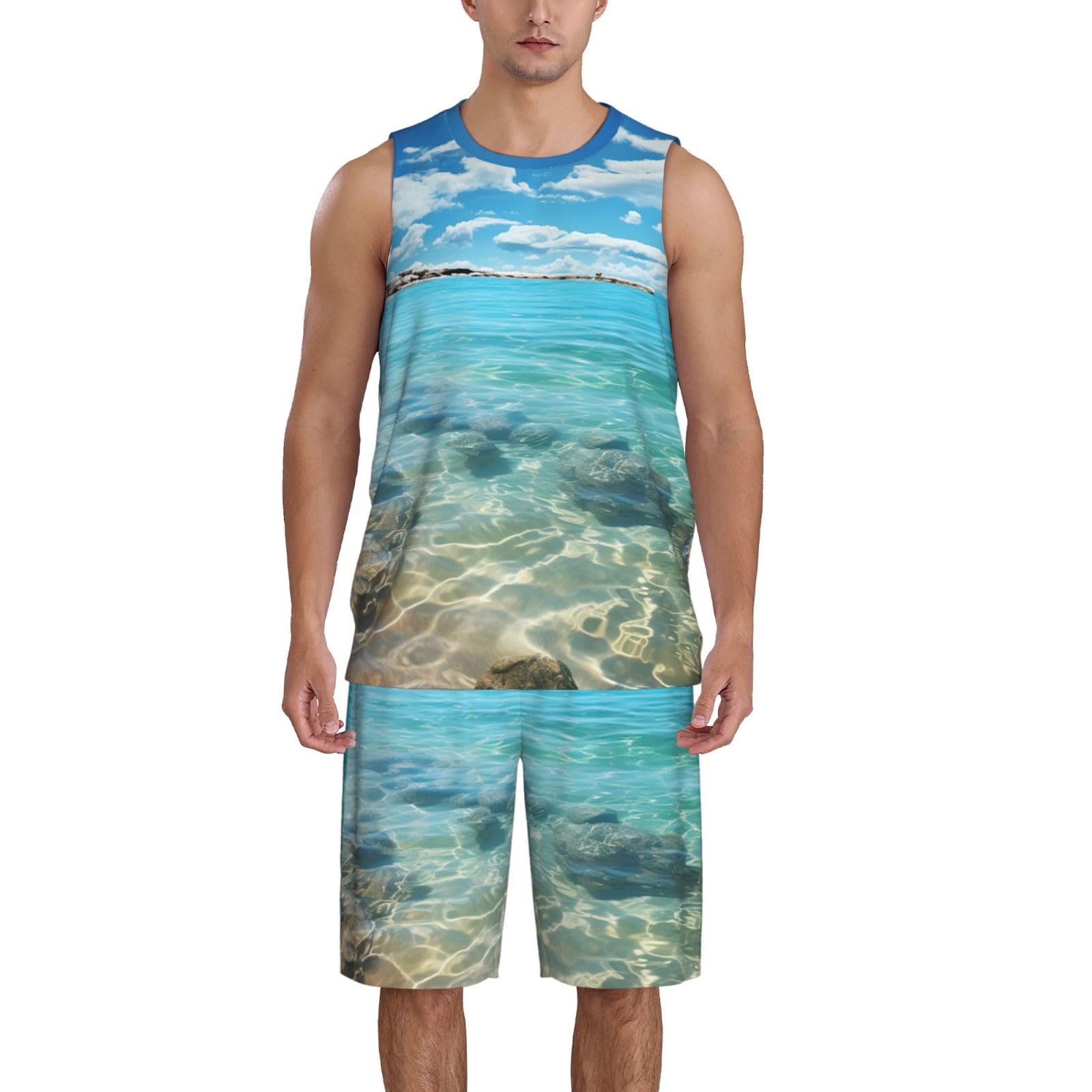 NONHAI Mens Basketball Jerseys Scenic sea Water Uniform Suit Mesh Sports Jersey Outfits T-Shirt and Short Sets Black