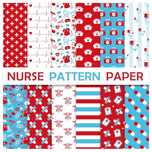 Papier à motif d'infirmière Whaline rouge et bleu pour loisirs créatifs, 60 feuilles