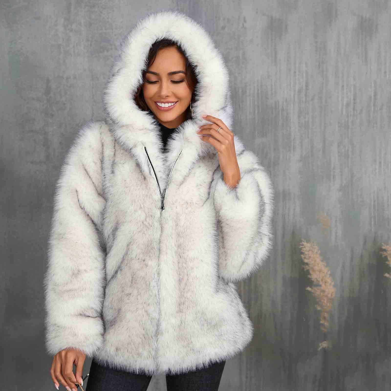 HAOLEI Chaqueta de Piel Sintética Reversible para Mujer con Capucha Grueso Cálido Abrigo Forro Polar de Invierno Moda Abrigos Mullido de Manga Larga con Cremallera Elegante Lujo Faux Fur Jacket