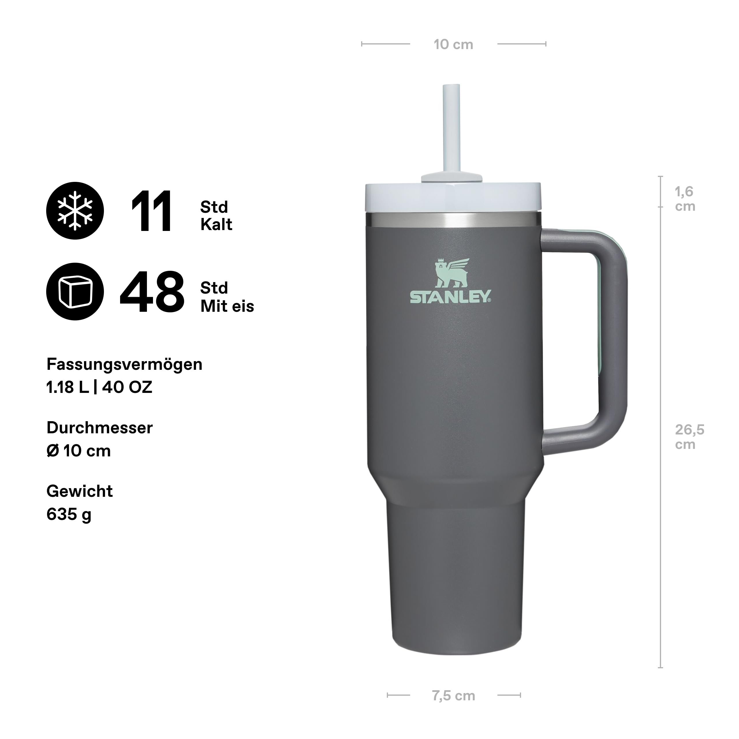 Stanley 1913 Quencher Mug Isotherme avec Paille 1.2L - Charcoal
