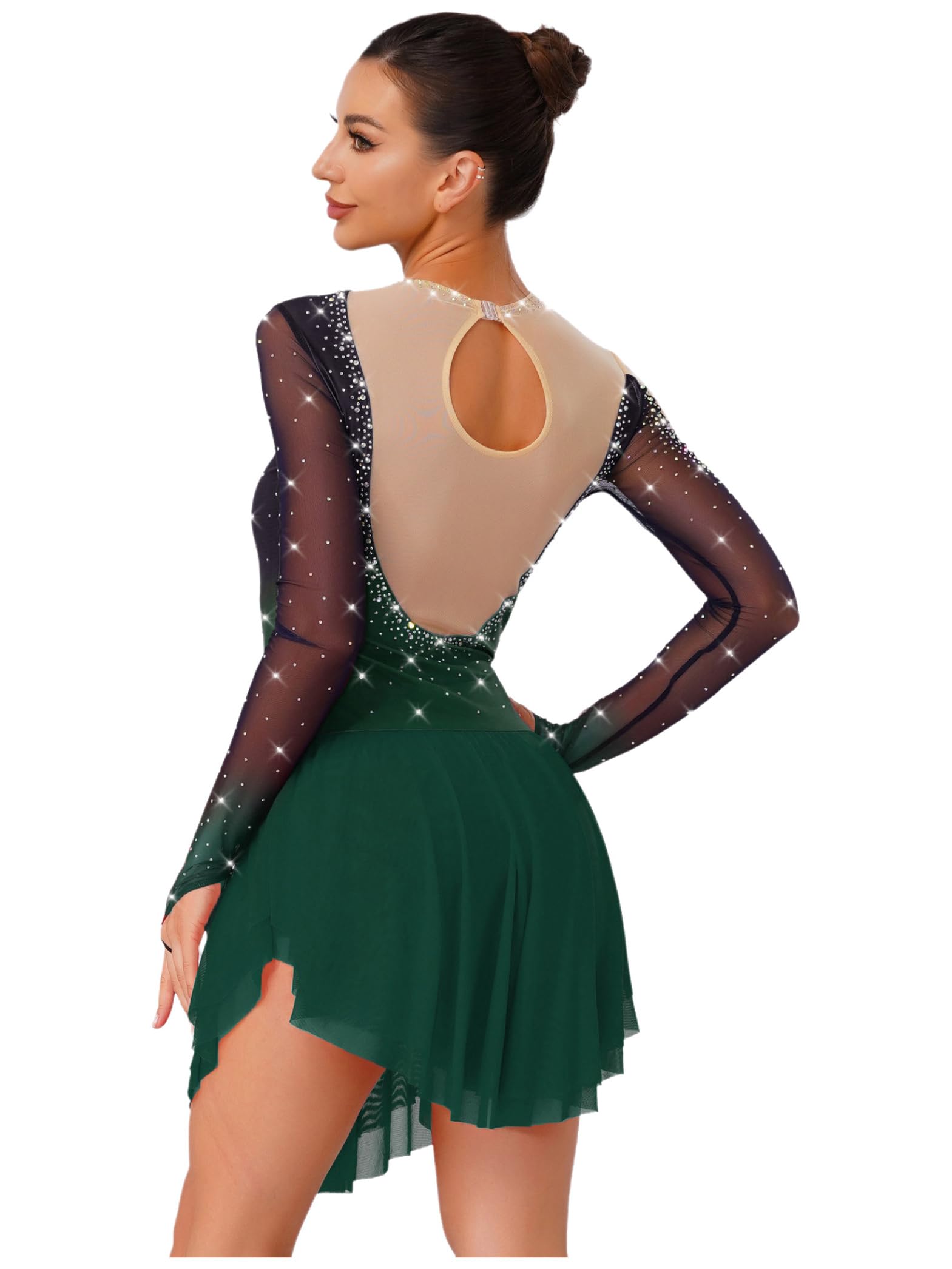 Damen Eiskunstlauf Kleid Glitzer Langarm Rollschuhkleid Farbverlauf Eislaufkleid Strass Glänzend Kürkleid Wettbewerb Tanzkostüm