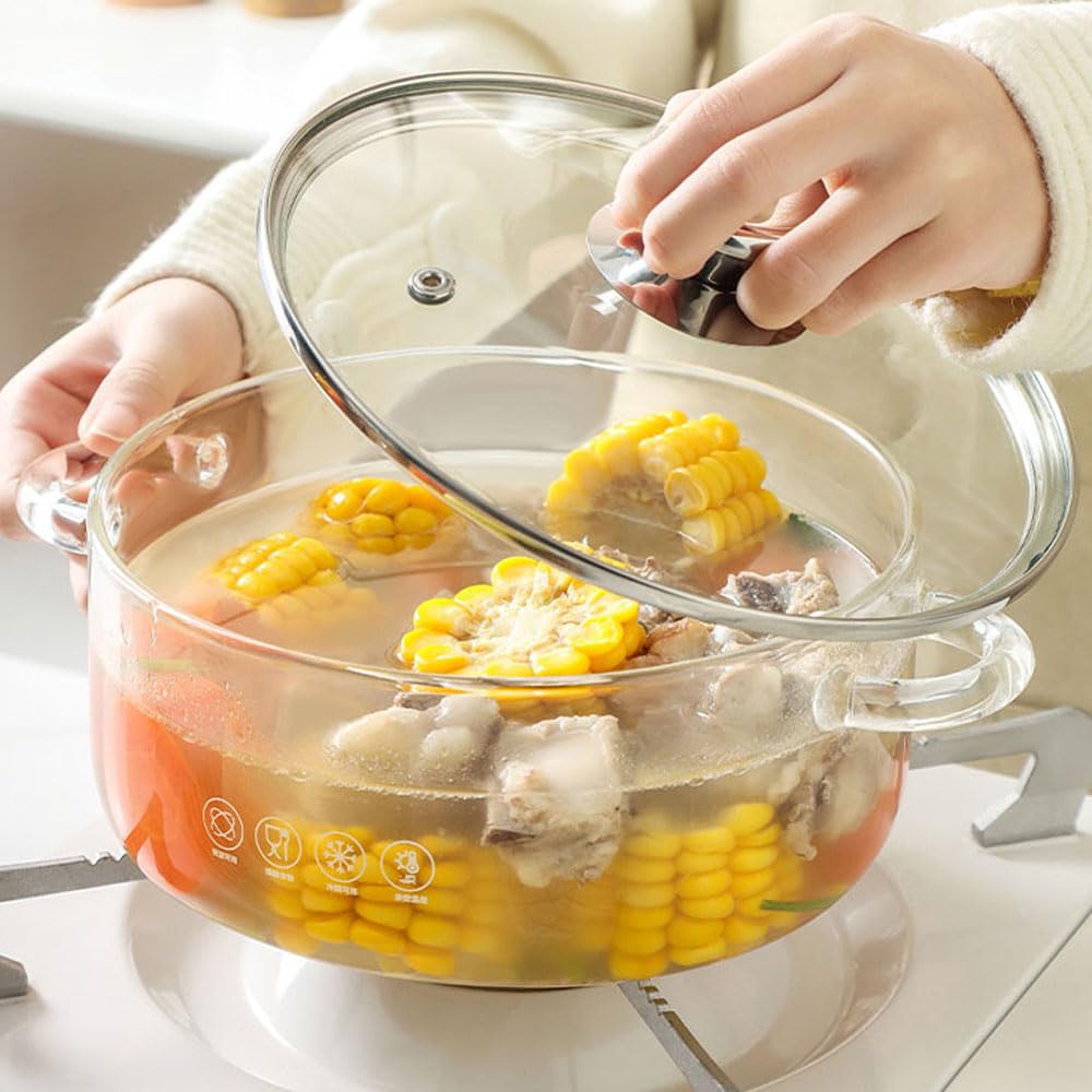 Pentola in Vetro 2,5 L con Coperchio – Piastra Induzione da Inserire nella Pentola, Resistente al Calore, per Zuppe & Stufati