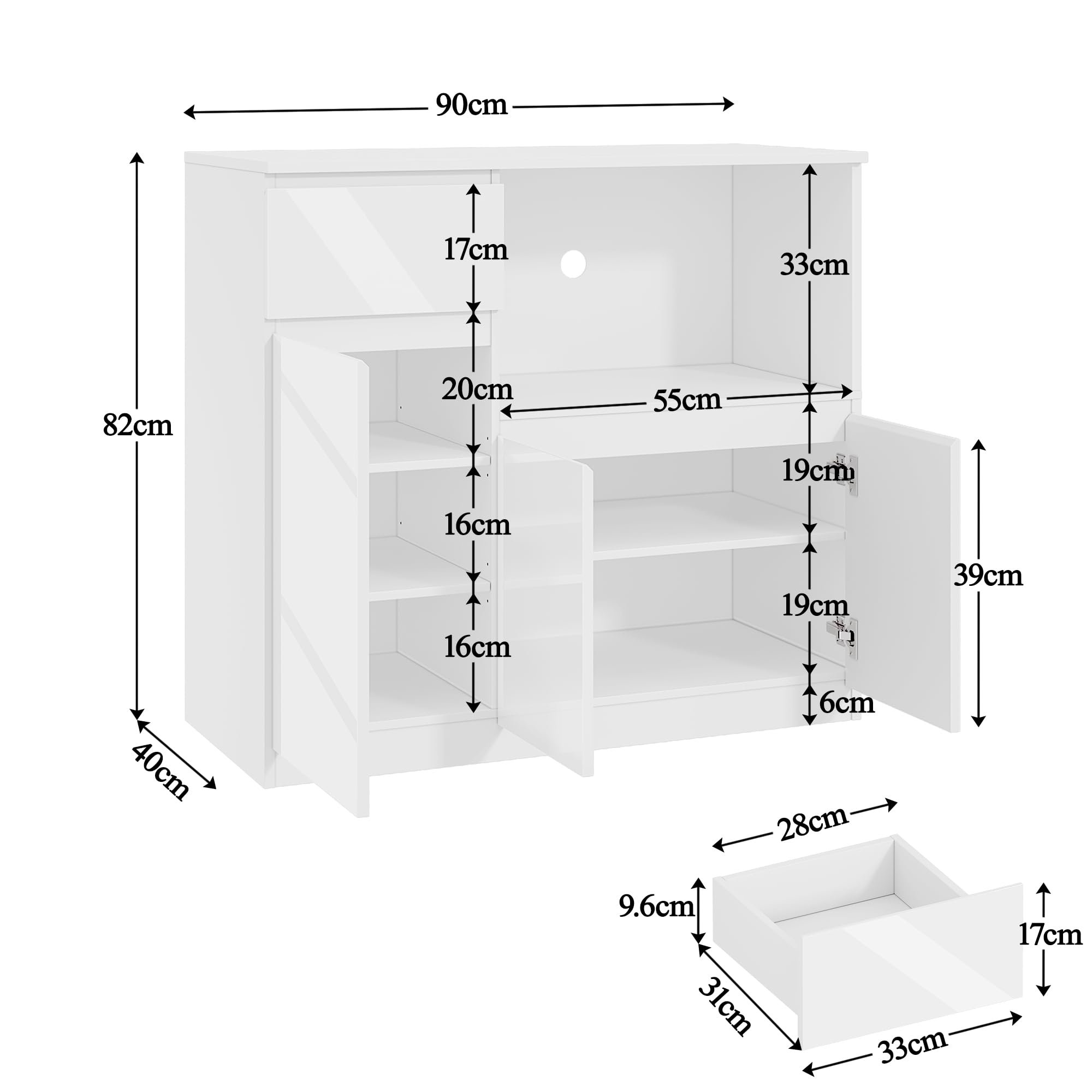 Küchenschrank mit Arbeitsplatte, Vielseitiger Großer Stauraum Sideboard, Buffetschrank, Aufbewahrungsschrank mit Hochglanztüren, verstellbarem Fach für Küche, Esszimmer und Wohnzimmer