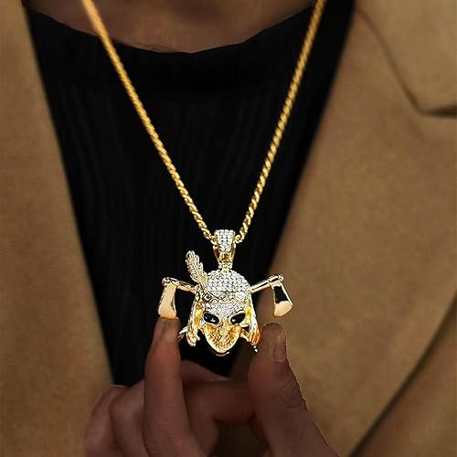 Miniatura 4 de Colgante de calavera de cadena helada para hombre, calavera de vampiro con hacha, pirata, diablo, demonio, estilo hip hop, punk, joyería para