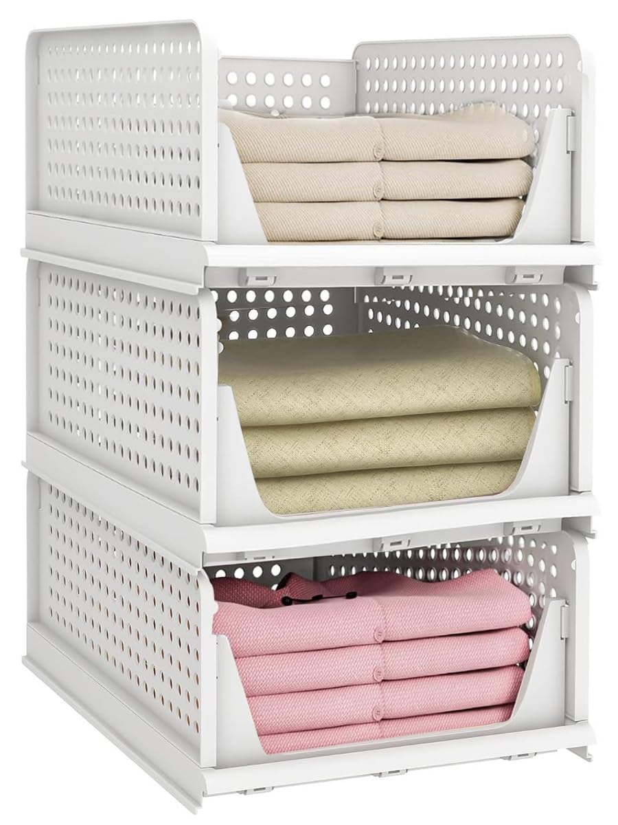 Sponsored Ad – Stackable Plastic Storage Basket: Foldable Closet Organizer 3 Pack, Aukomer® Upgraded Drawer Shelf Storage Container with Pull Out Divider, Large Stackable Drawer for Wardrobe Cupboard Kitchen Laundry